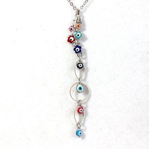 Handmade Multi-Color Colorful Evil Eye Silver Flower Lariat Y Dangle Necklace Su
